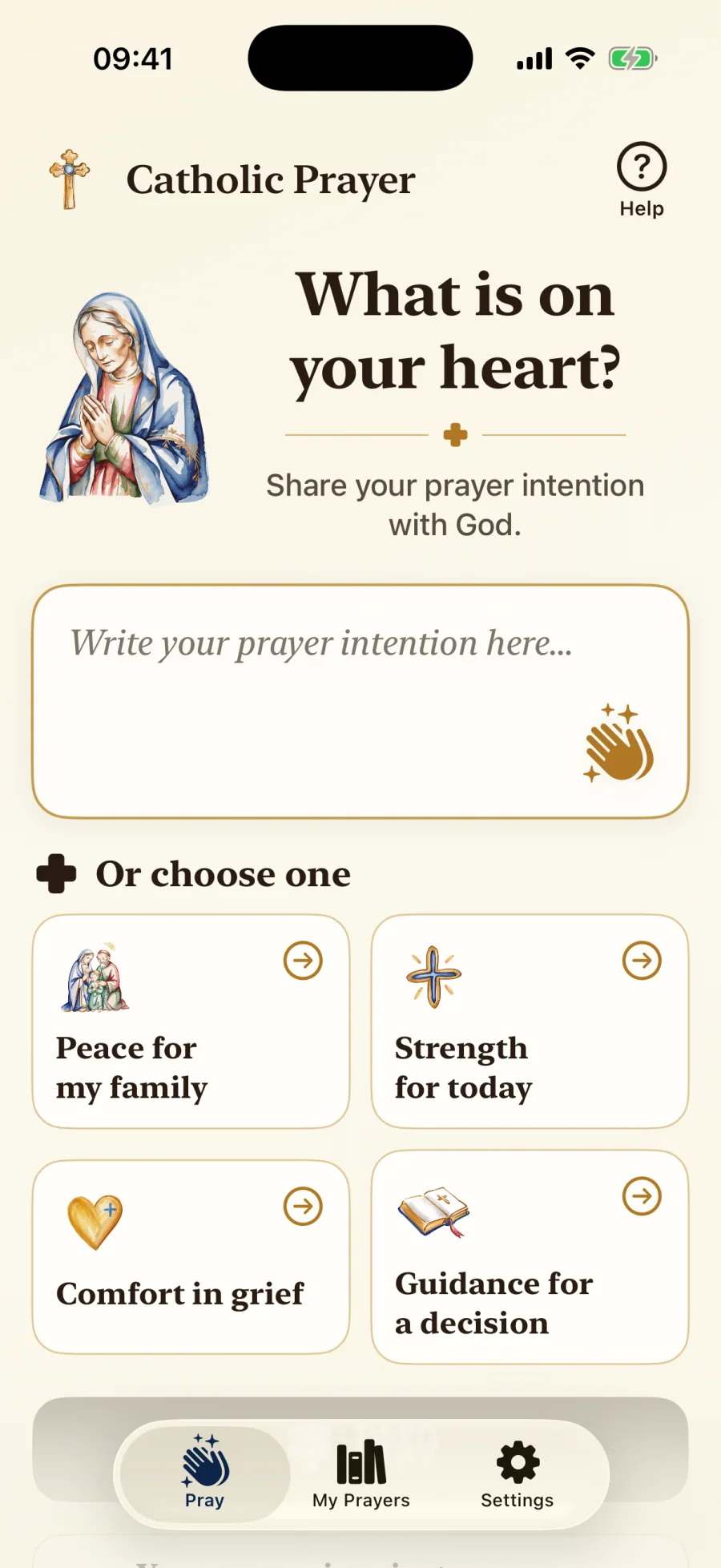 My Prayer Today home screen with a prayer prompt and themes
